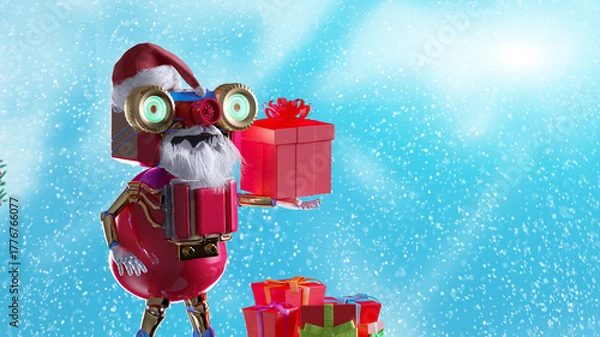 Fototapeta Funny Christmas Robot Santa with Gifts Winter Snow Scene render 3d