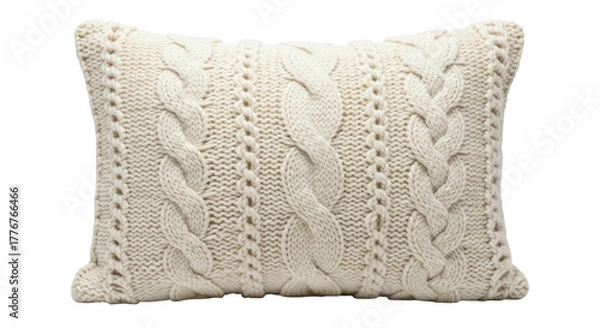 Fototapeta Cozy beige cable knit pillow with intricate patterns for home decor