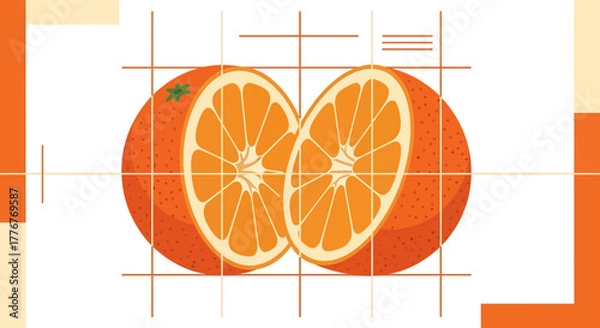 Fototapeta Freshly Sliced Orange Illustration with Abstract Grid and Modern Geometric Graphic Elements