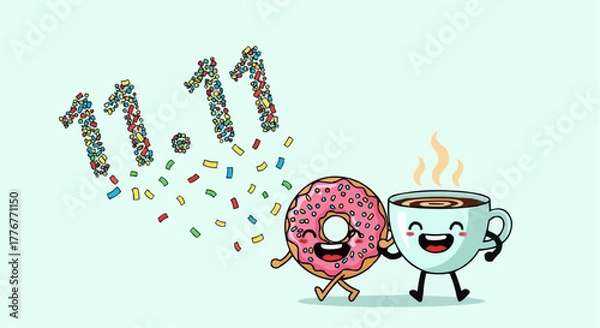 Fototapeta 11.11 unique vector banner coffee and donut