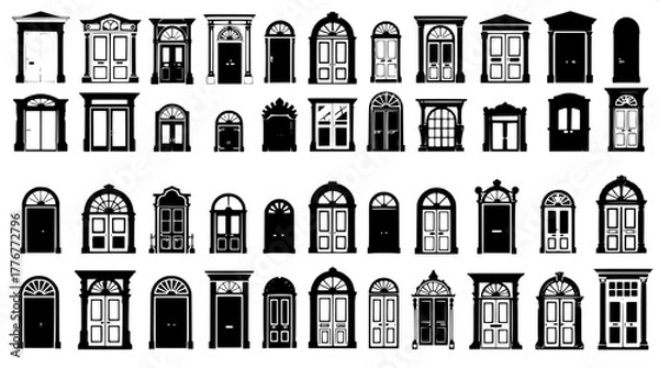 Fototapeta “Vector illustration in monochrome showing a grid of varied door silhouettes. Each door is rendered with sharp outlines and minimal detailing, emphasizing diverse architectural forms on a pure white b