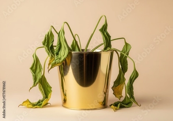 Fototapeta A wilted houseplant with drooping leaves in a shiny golden pot. Concept of neglect, failure, and dehydration. Dying indoor plant on a beige background