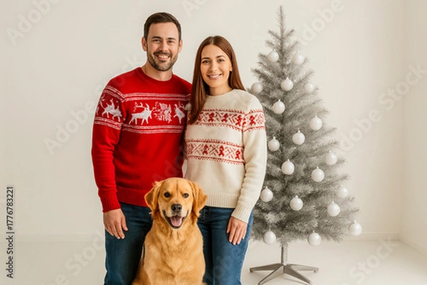 Obraz Cheerful Christmas portrait of a smiling couple wearing red and white holiday sweaters posing with their golden retriever in front of a minimalist white Christmas tree. The background is clean