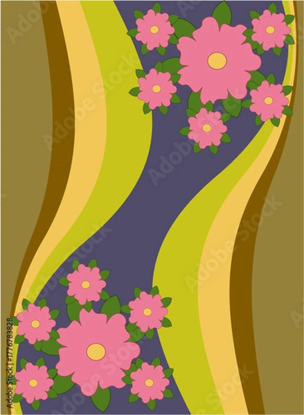 Fototapeta 60s, 70s, 70's colors, 70s vibes, 70's florals, blue, green, brown, space to write, space for text, card, poster, flyer, postcard, 70s vibe card, 70s vibe design, retro, vintage, updated vintage