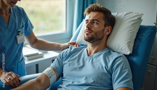 Fototapeta Man in hospital bed with nurse checking blood pressure. Hospital visit includes patient resting and nurse providing medical attention to the man. Caring hospital visit for wellbeing and peace of mind.