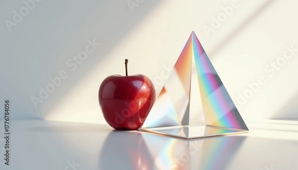 Fototapeta Red apple and glass prism dispersing light into rainbow spectrum, minimalistic scientific composition, white background, Newton Day concept, with space to copy