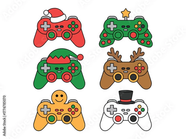 Fototapeta A collection of six video game controllers decorated with festive holiday themes.