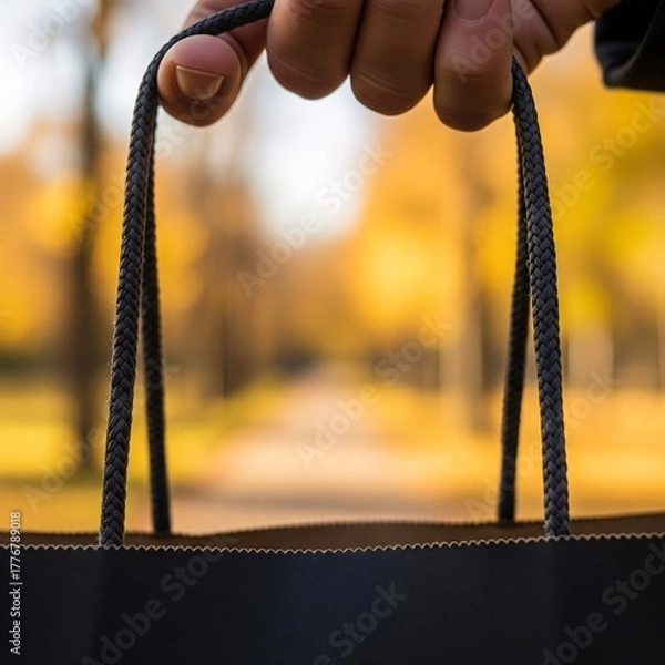 Fototapeta Close-up of a person's hand holding a black paper shopping bag against a blurred golden bokeh background of an autumn park. Concept for seasonal sales, consumerism, retail therapy, and Black Friday