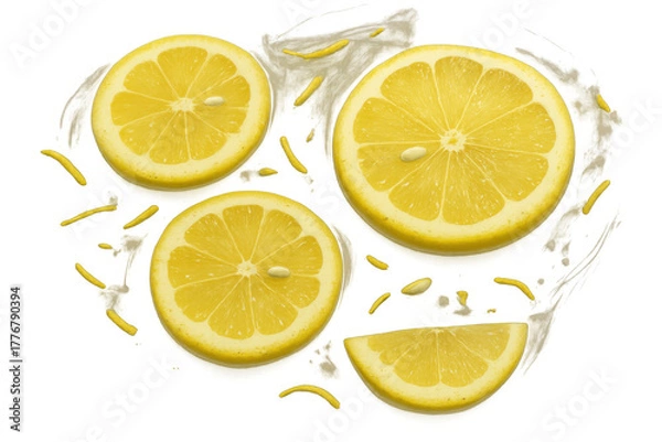 Fototapeta Fresh lemon slices and zest falling, vibrant citrus fruit for cooking, transparent background