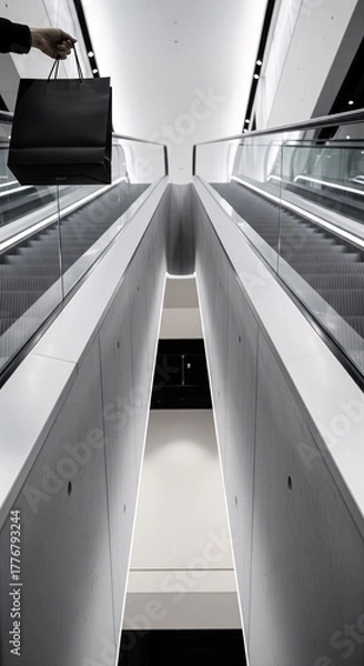 Fototapeta A person's hand holds a black shopping bag on a modern escalator. High-angle, symmetrical perspective in a minimalist shopping mall. Concept for urban retail, consumerism, and architectural design.