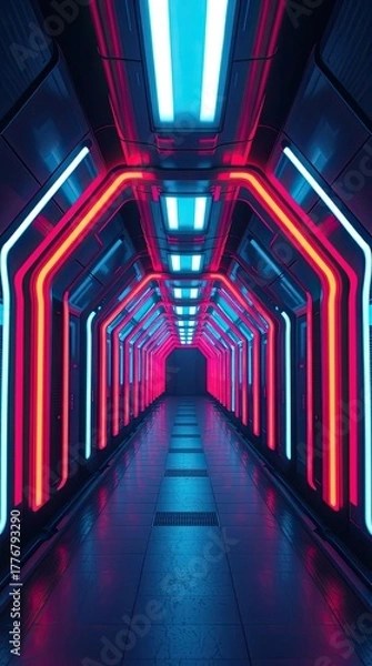 Obraz A long futuristic hallway lit with neon lights leading into a dark space