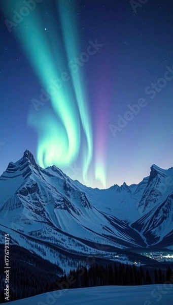 Fototapeta A serene snowy mountain range beneath a vibrant aurora borealis