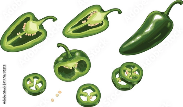 Obraz Green jalapeño pepper vector set, whole, halved, and sliced views, visible seeds, spicy food illustration, front view, flat design