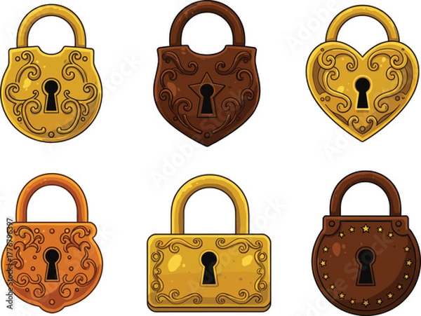 Obraz Decorative padlock vector set, ornate lock designs, heart and rounded shapes, gold and brown tones, front view, flat illustration