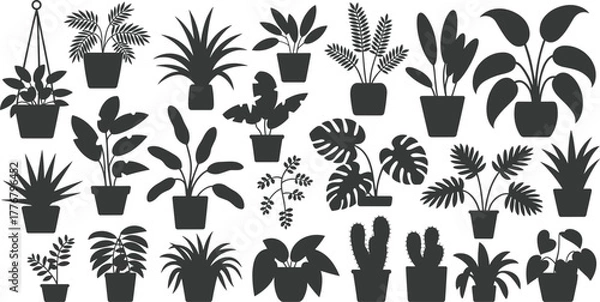 Obraz Potted plant silhouette set, 25 botanical icons, hanging and tabletop styles, diverse leaf shapes, black vector grid, flat illustration