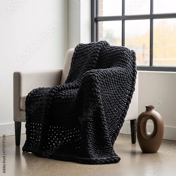 Fototapeta Modern home interior with a cozy black chunky knit blanket draped over a beige armchair by a large window. Hygge concept for stylish, comfortable living room decor and relaxation during autumn
