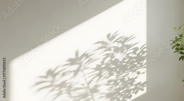 Fototapeta Soft sunlight casting leaf shadows on a textured white wall