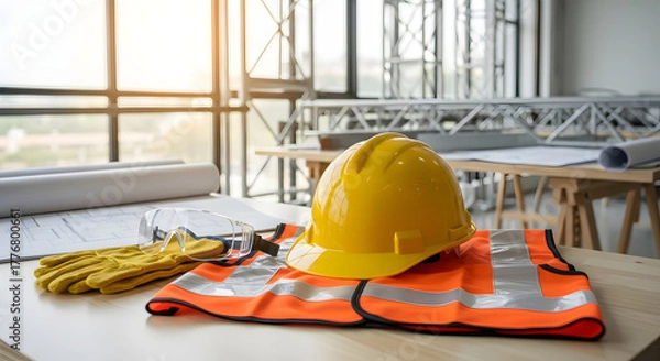 Obraz Safety gear and blueprints on a desk at an unfinished construction building site