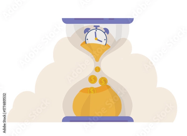 Fototapeta Time is money concept, time value of money, money saving. Hourglass, clock, sand and money