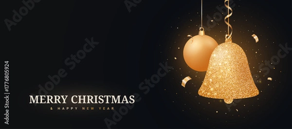 Fototapeta Golden Christmas bell, ball with confetti and glitter isolated on black background. Glowing realistic 3D bell. Luxurious golden Christmas background. Vector illustration