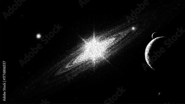 Fototapeta Stipple drawing of a cosmic landscape with a galaxy, stars and a planet. Space vector graphic for scientific illustration or futuristic design.