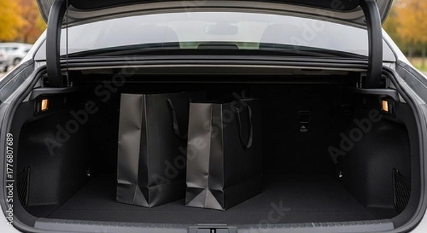 Fototapeta Two black paper shopping bags in the spacious open trunk of a modern car after a day of shopping. Concept for retail therapy, Black Friday sales, and consumerism, with a blurred autumn background.