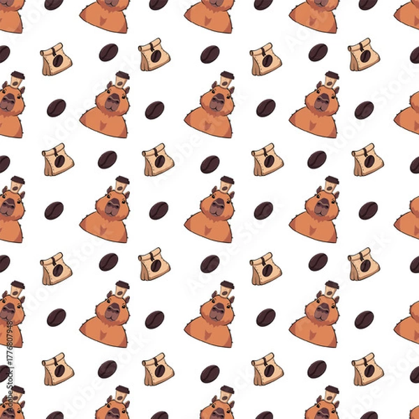 Fototapeta Pattern with a capybara and a cup of coffee