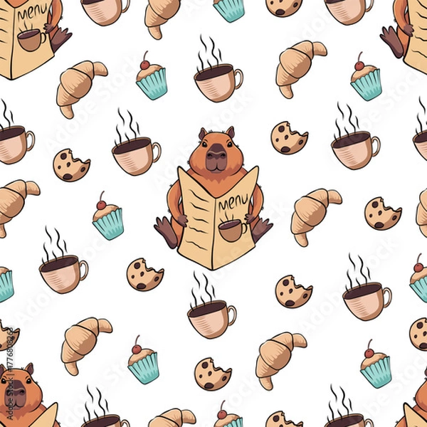 Fototapeta Pattern with a capybara from the menu, with a croissant