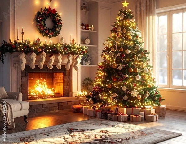 Fototapeta Sapin de Noël décoré – ambiance chaleureuse et festive dans un salon cosy