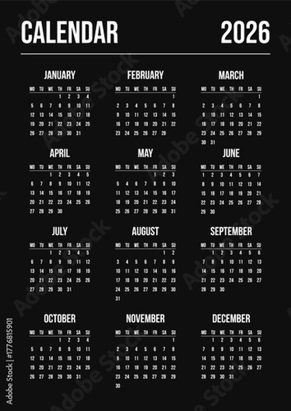 Fototapeta Black English 2026 year calendar template single vertical page with 12 month. Week starts on Monday layout yearly planner 