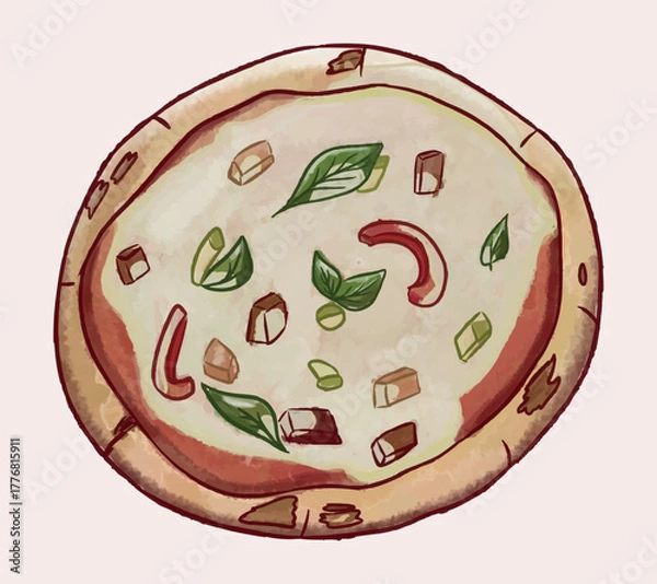 Fototapeta Hand-drawn Pizza with sliced ingredients, basil leaves. Textured watercolor Paint. Peppers, zucchini, meat. Italian cuisine in restaurant. Isolated food. Cheese, ketchup. Vector color illustration