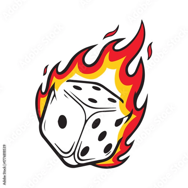 Obraz Burning dice illustration – six-sided die with visible numbers and engulfing flames for gaming branding, high-stakes visuals, and luck-themed identity design.