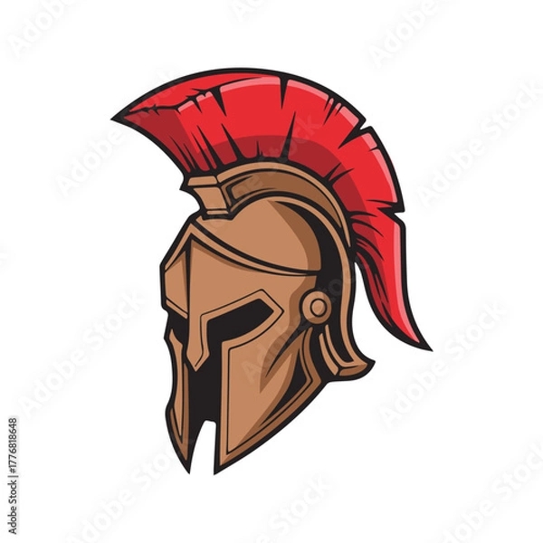 Obraz Spartan helmet illustration – gold and brown armor with dramatic red plume for warrior branding, historical themes, and bold identity design.
