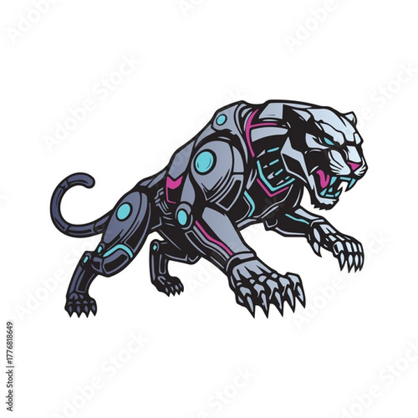 Fototapeta Robotic panther illustration – cybernetic limbs, glowing blue-pink accents, and aggressive pose for tech-animal branding, gaming mascots, and futuristic design.