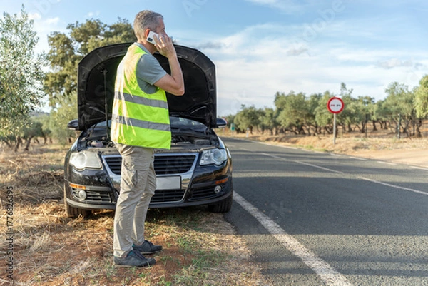 Obraz Driver with reflective vest calling for roadside assistance after car breakdown with open hood.