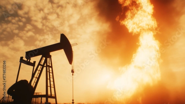 Obraz Pumpjack drawing oil from the ground, with a large, dramatic fire burst in the background, representing fossil fuel conflict and power