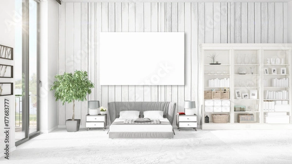 Fototapeta Fashionable modern loft interior with empty frame and copyspace in horizontal arrangement. 3D rendering.