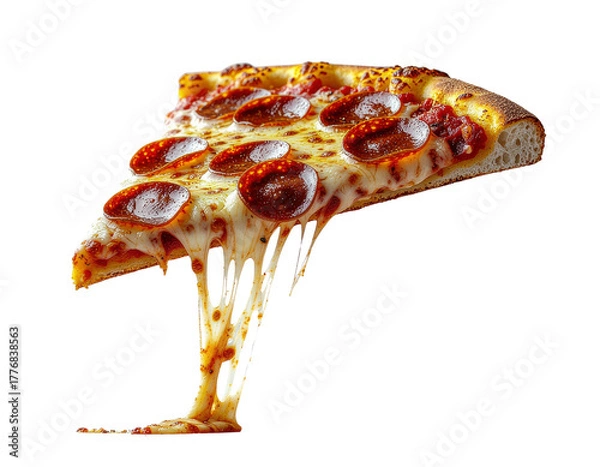 Fototapeta Slice of pepperoni pizza with melted cheese isolated on transparent background PNG