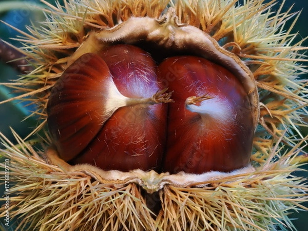 Fototapeta Las castañas son frutos del castaño, de cáscara marrón y pulpa comestible, ricas en almidón y muy consumidas asadas o cocidas en otoño.