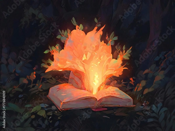 Obraz A glowing book tree deep in the forest