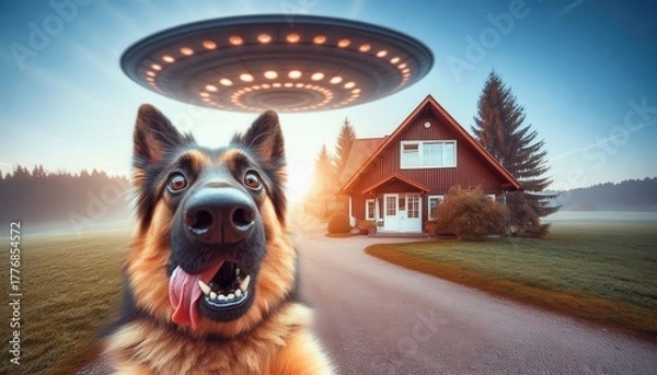 Obraz A happy dog stands in front of a cozy house, gazing up at a flying saucer in the sky. The scene captures a serene evening with colorful sunset hues and lush green grass.