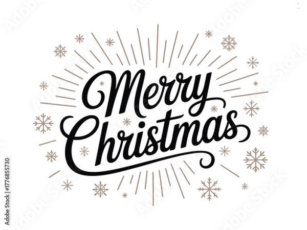 Fototapeta Elegant script lettering announces Merry Christmas with surrounding festive snowflakes and radiating lines on a white background.