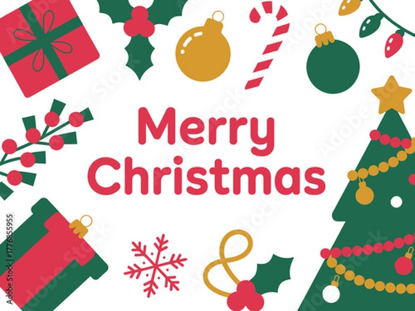 Fototapeta Merry Christmas text surrounded by festive holiday symbols like ornaments, gifts, candy canes, and a Christmas tree.