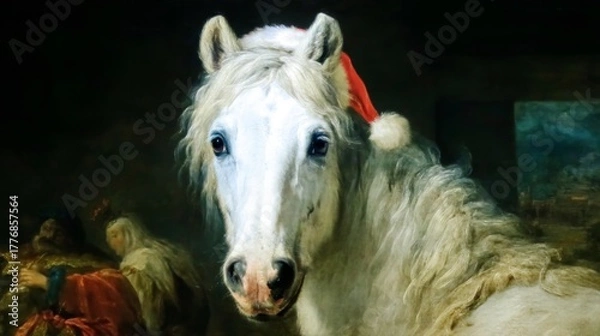 Fototapeta A majestic white horse wears a festive Santa hat. The image captures a blend of holiday spirit and artistic style. Ideal for seasonal themes and creative projects. AI