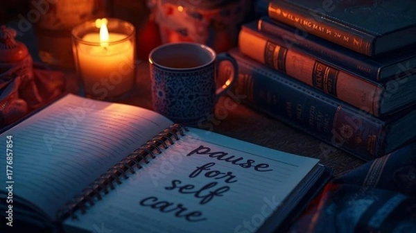 Obraz notebook writen "pause for self care" - generative ai