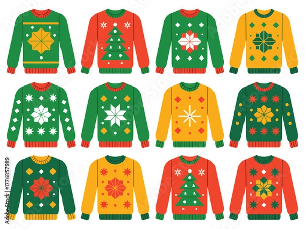 Fototapeta A collection of twelve festive Christmas sweaters with various holiday patterns and colors are displayed.