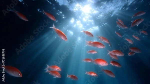 Fototapeta A stunning underwater scene filled with vibrant red fish swimming gracefully. The light penetrates the water, creating a serene atmosphere. Perfect for nature lovers and marine enthusiasts. AI
