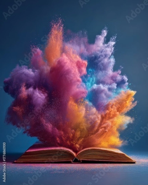 Obraz Colorful powder bursting from an open book, representing creativity, imagination, and learning energy.