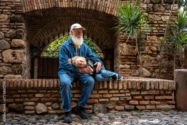 Fototapeta Elderly man and a young child sitting on a stone wall in front of an old brick wall, with a plant beside them, enjoying a peaceful moment together