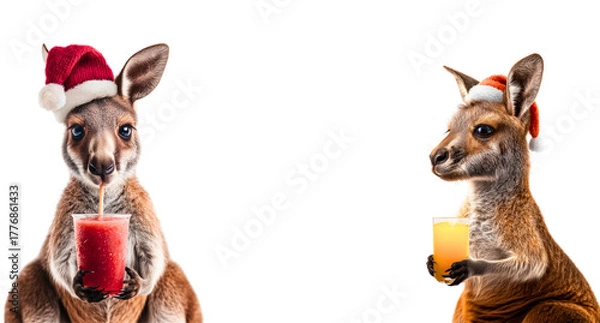 Fototapeta 2 cute kangaroos wearing santa claus hat and drinking colorful cocktails; realistic australian christmas animal characters isolated over white (transparent)